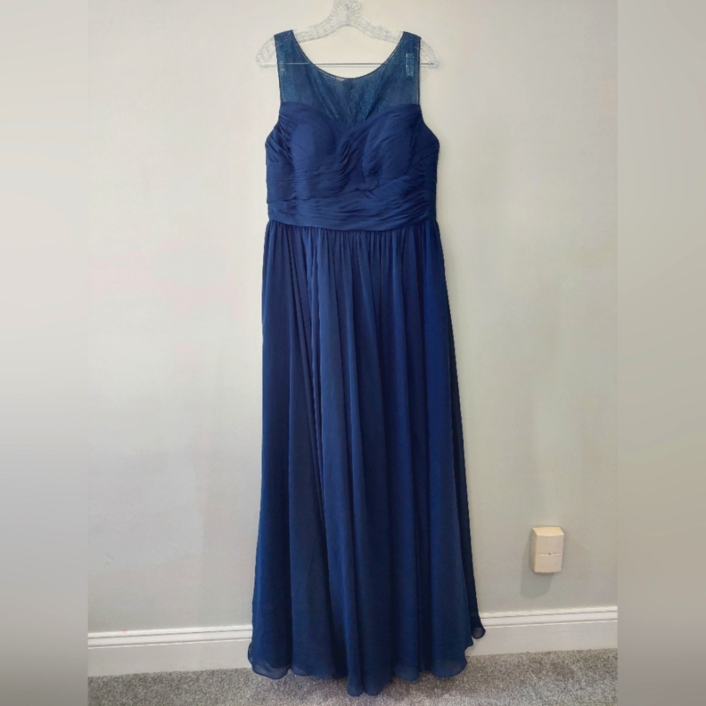 Azazie Formal Dress size 12 navy blue chiffon flowly lace top bridesmaid prom